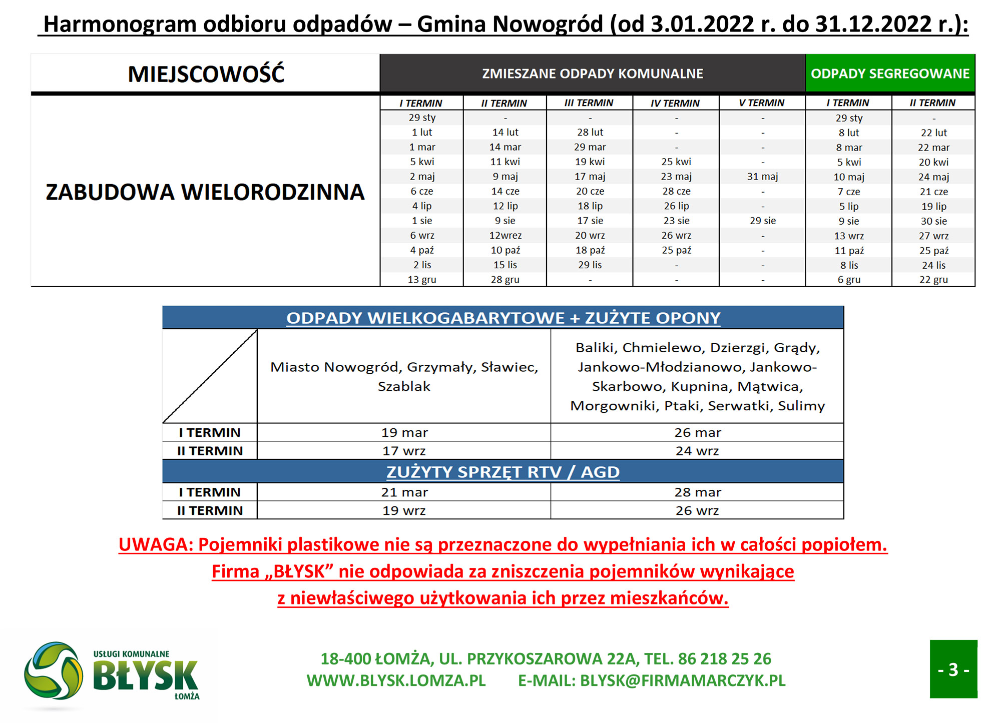 Harmonogram odbioru odpadów w 2022 roku Urząd Miejski w Nowogrodzie